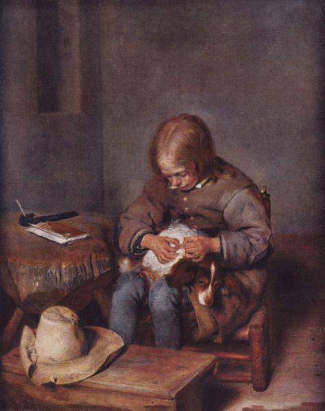 Gerard ter Borch the Younger Knabe floht seinen Hund